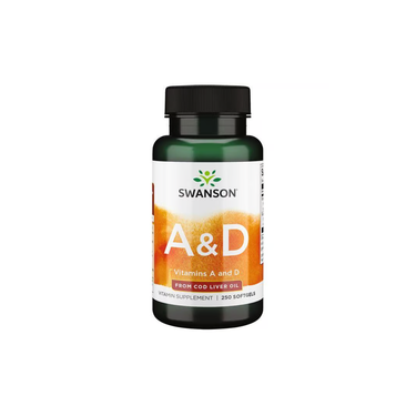 Swanson Vitamins A & D From Cod Liver Oil, 250 softgels, is shown on a plain white background—ideal for daily immune support.